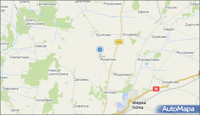 mapa Roszkowo, Roszkowo gmina Miejska Górka na mapie Targeo